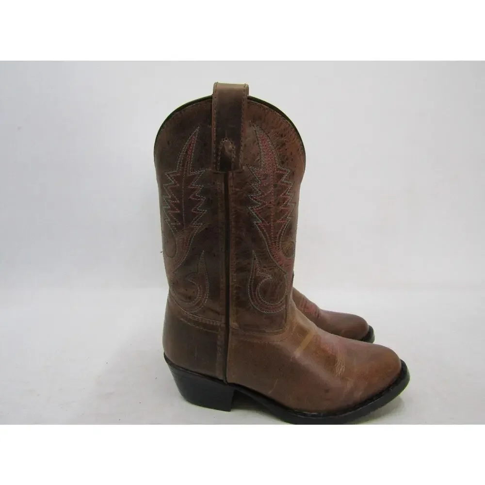 Smoky Mountain Youth Sz 2 R Brown Leather Pink Blue Stitching Cowboy Boots